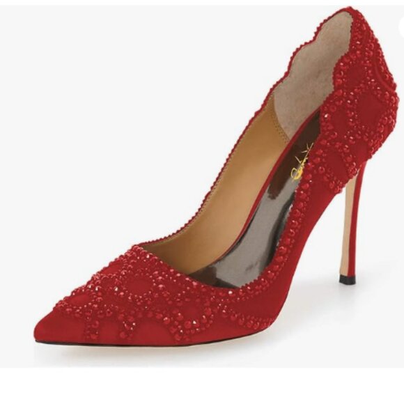 XYD Red Rhinestone Crystals Stiletto Heels for Wedding Bridal Pointed Toe Pumps - Picture 1 of 8